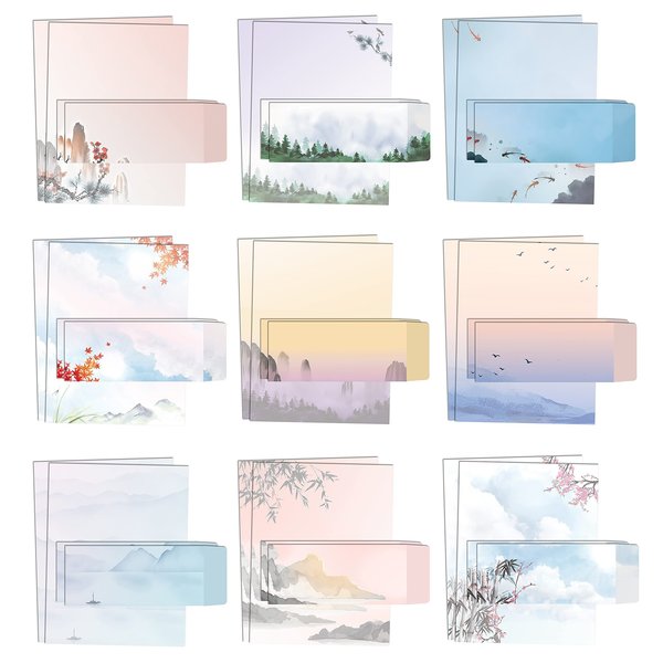 Better Office Products Japanese Watercolor Stationery Paper Set, 50 Sheets/50 Env, Letter Size, 9 Designs, 100PK 63901